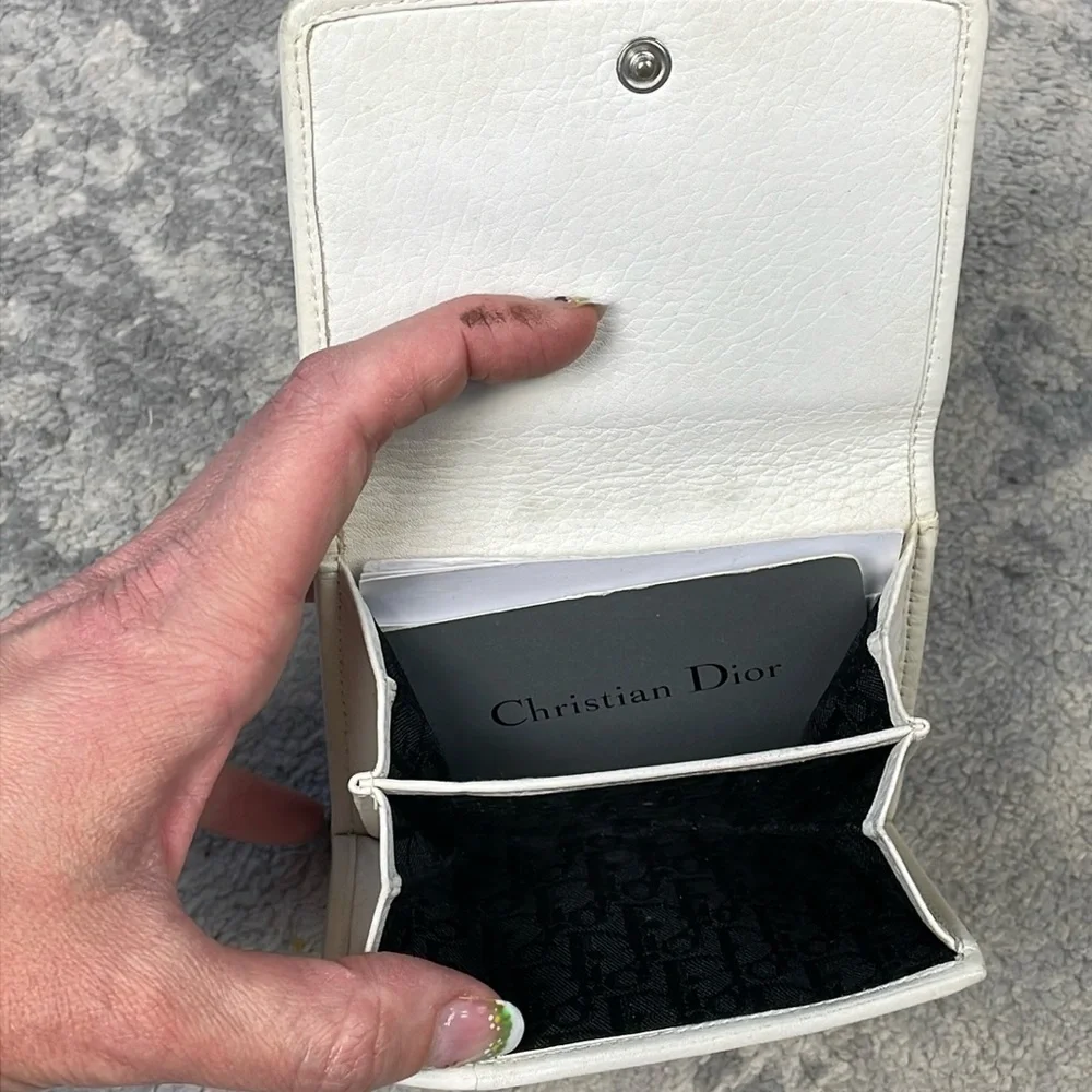 Vintage Christian Dior White Leather Compact Snap Wallet Floating Charm Logo